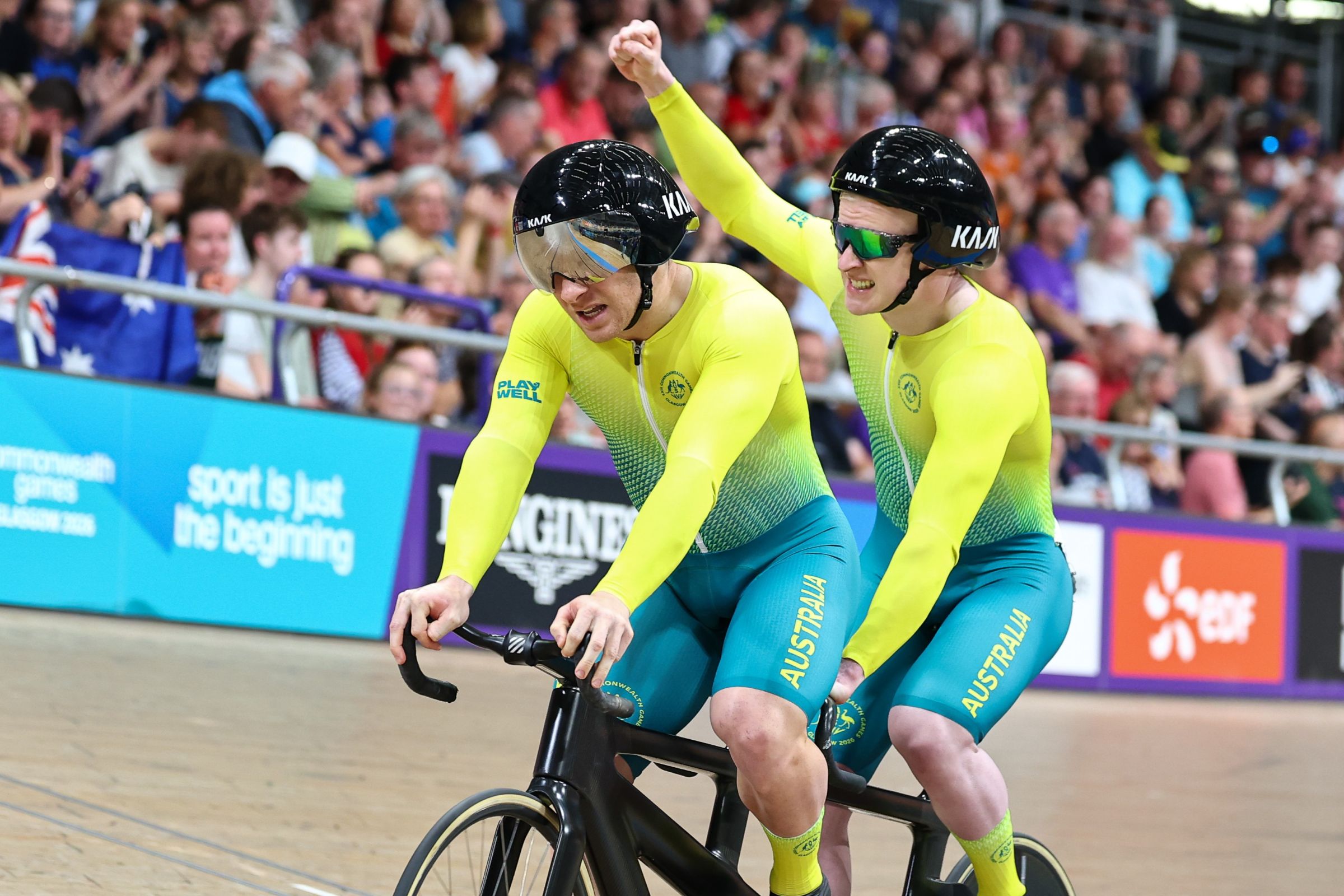 Kane Perris and Luke Zaccaria para cyclists of Australia celebrate winning bronze in the Tandem B Sprint at the Glasgow 2026 Commonwealth Games.